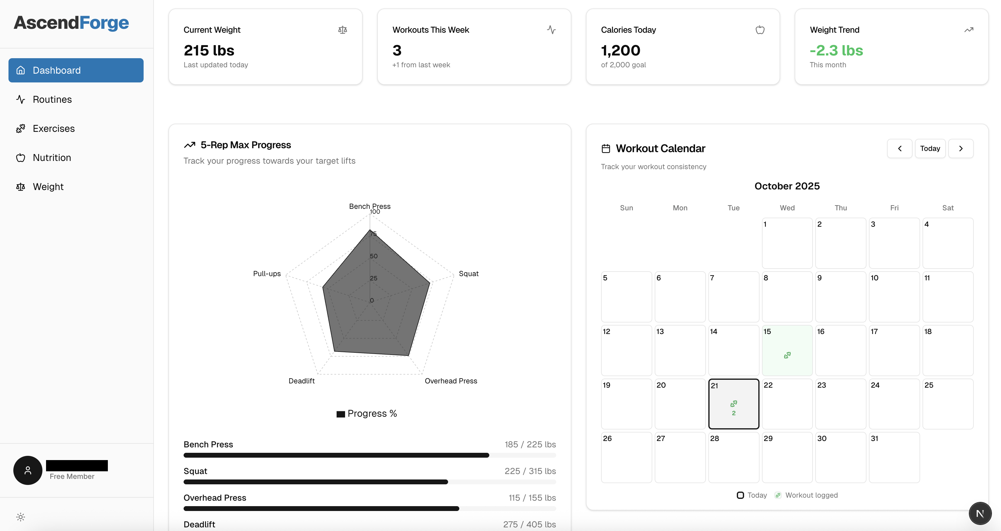 AscendForge dashboard showing workout calendar, lift progress radar, and fitness statistics